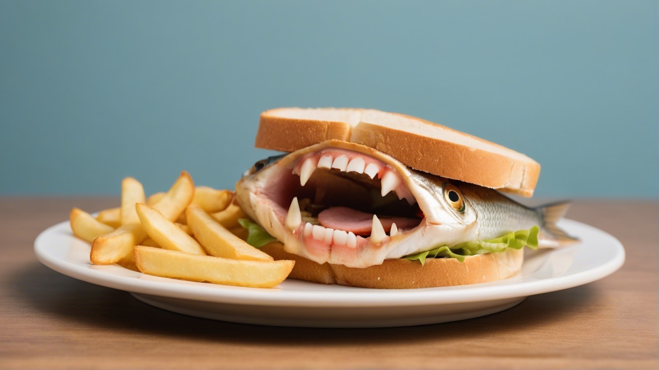 Humorous Fish Sandwich with Fries on Blue Plate