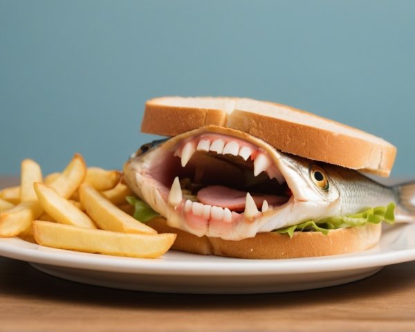 Humorous Fish Sandwich with Fries on Blue Plate