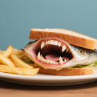 Humorous Fish Sandwich with Fries on Blue Plate