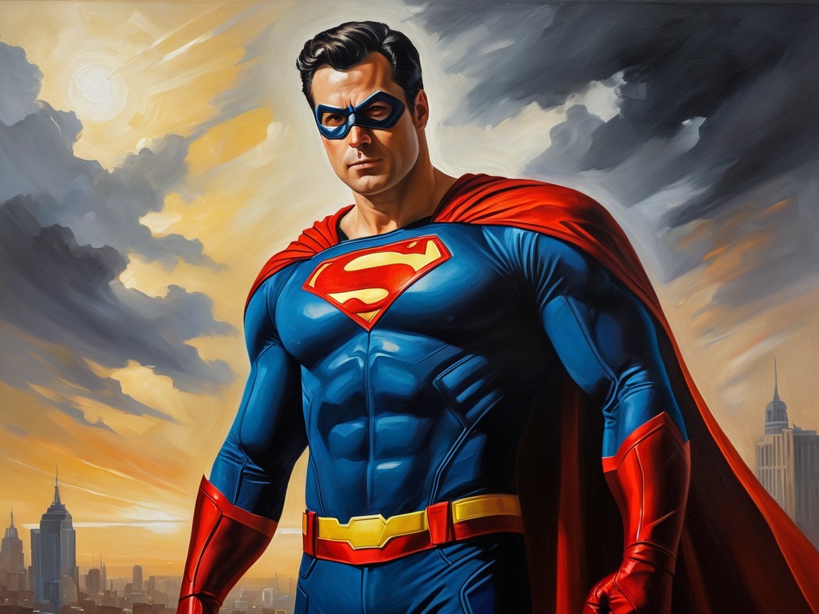 Superhero in Blue and Red Costume Against City Skyline