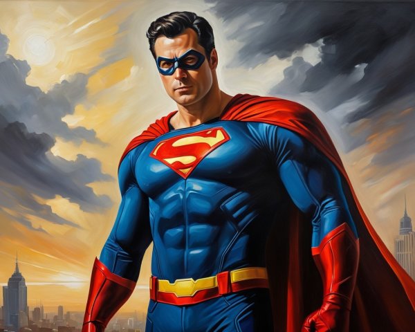 Superhero in Blue and Red Costume Against City Skyline