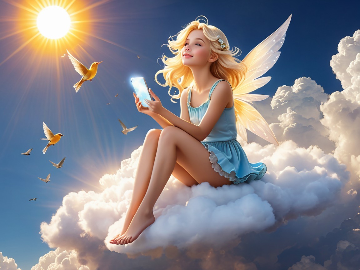 Whimsical fairy on cloud with glowing phone and birds