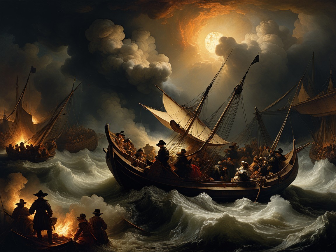 Dramatic Scene of Boats Struggling on Tumultuous Waters