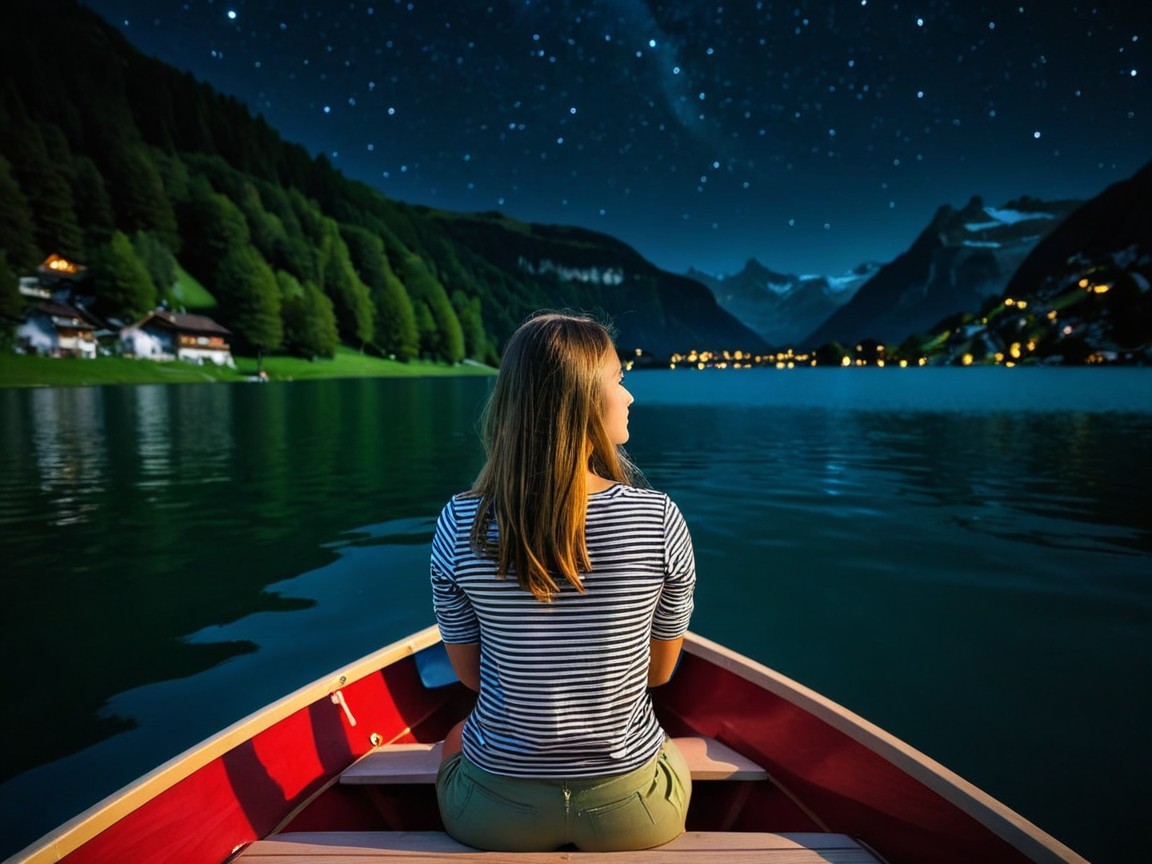 Young Woman in Boat on Calm Lake Under Starlit Sky
