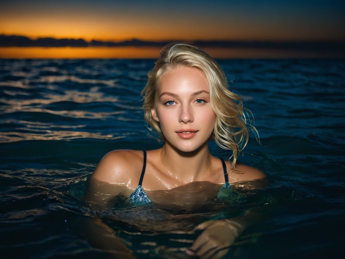 Young Woman in Ocean at Sunset with Wavy Hair