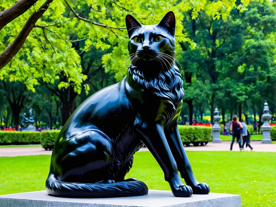 Black Cat Sculpture on Gray Pedestal in Park Setting