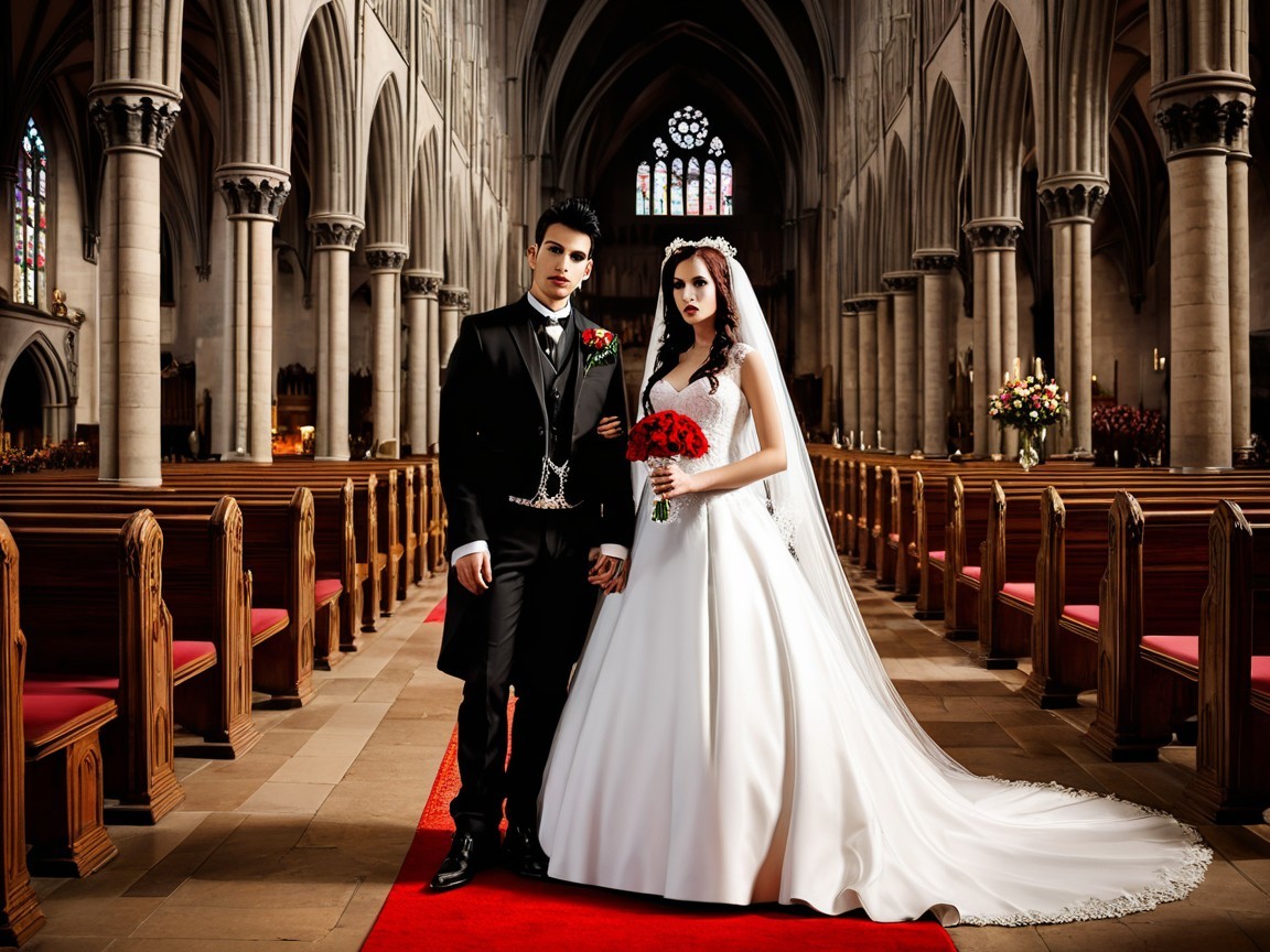 Groom and Bride in Cathedral Wedding Ceremony Setting