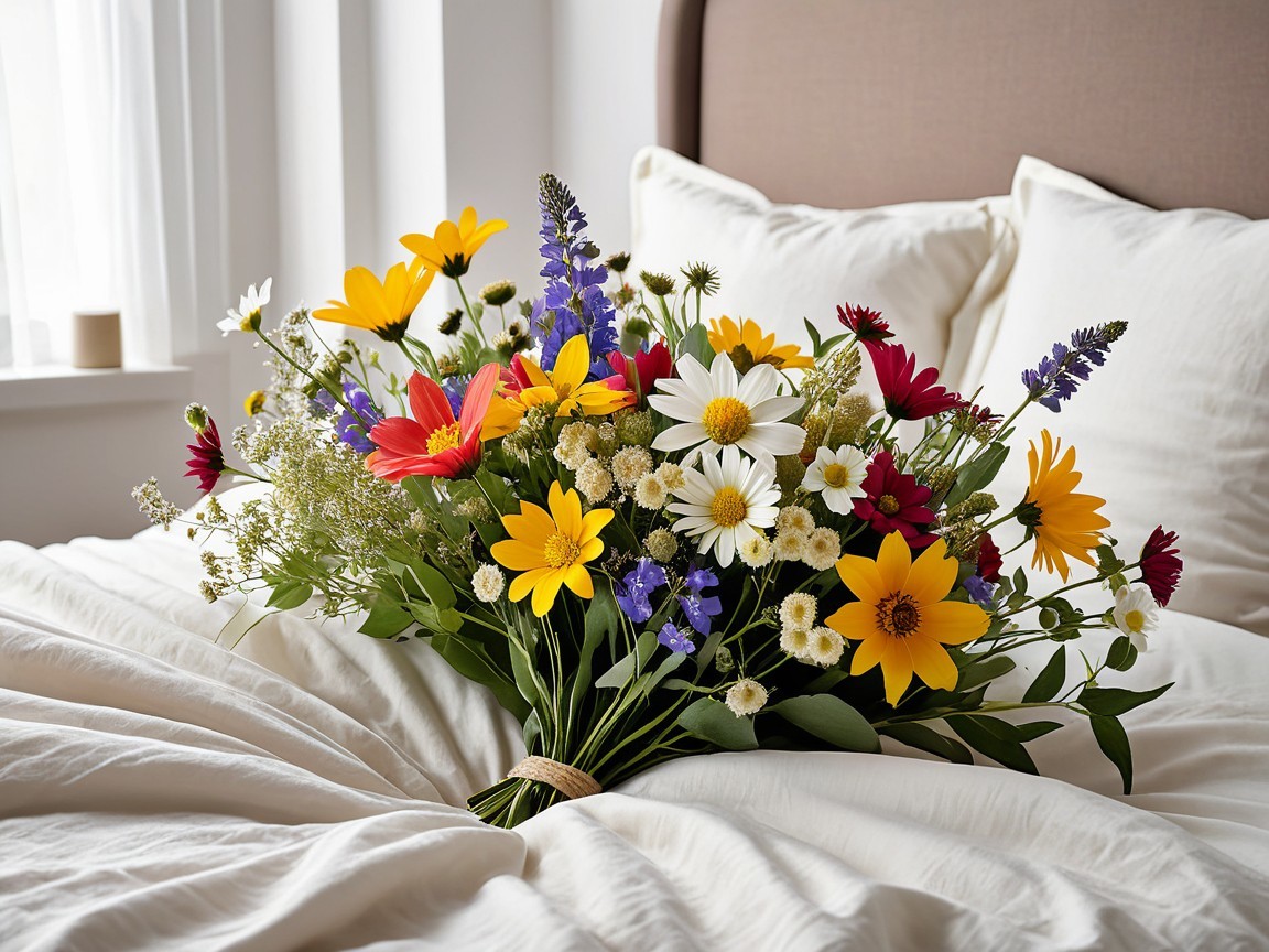 Vibrant Flower Bouquet on Soft White Bedspread