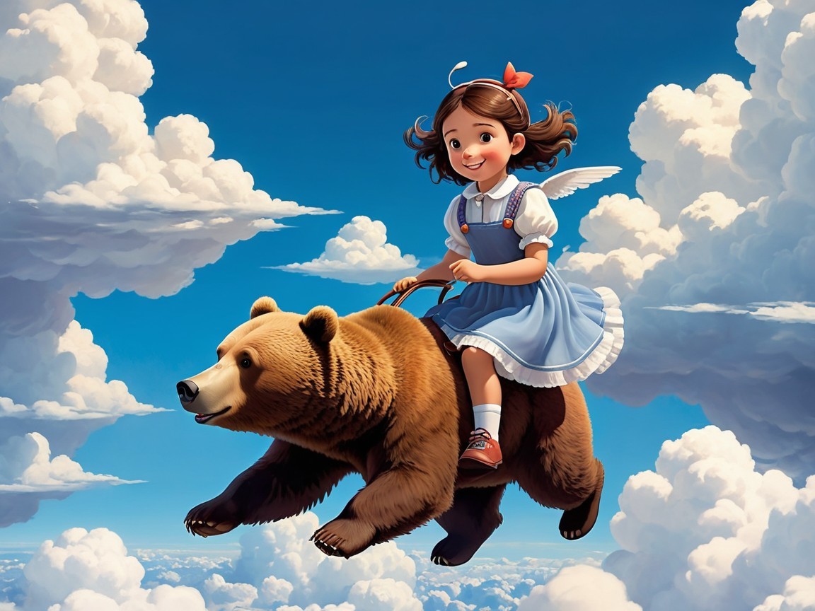 Young girl with wings riding a bear in blue sky