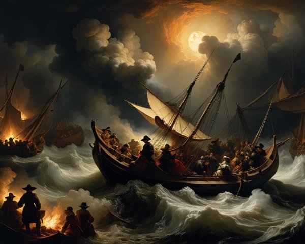 Dramatic Scene of Boats Struggling on Tumultuous Waters