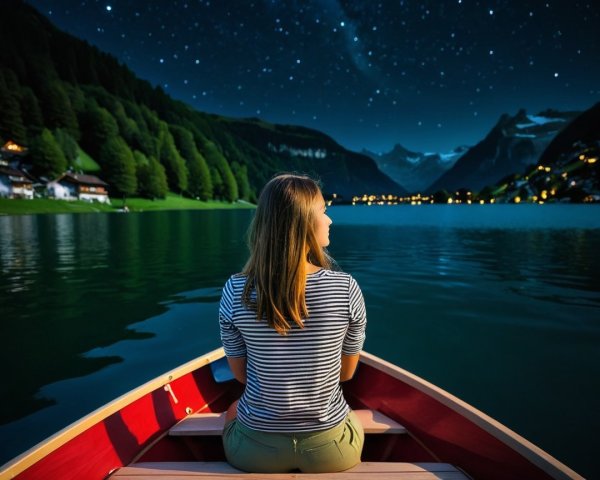 Young Woman in Boat on Calm Lake Under Starlit Sky