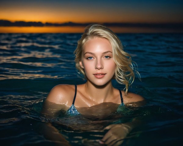 Young Woman in Ocean at Sunset with Wavy Hair