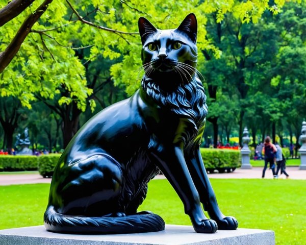 Black Cat Sculpture on Gray Pedestal in Park Setting