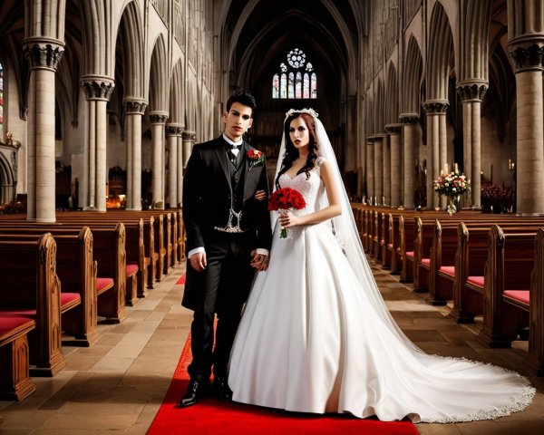 Groom and Bride in Cathedral Wedding Ceremony Setting