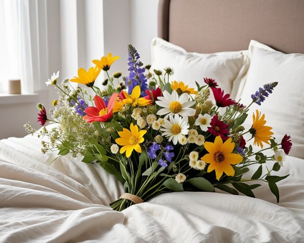 Vibrant Flower Bouquet on Soft White Bedspread