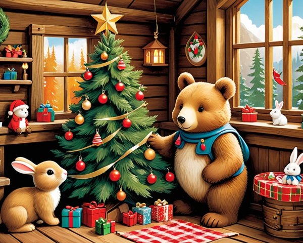 Cozy Cabin Scene with Bear, Rabbit, and Christmas Tree