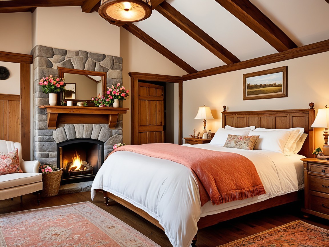 Cozy Bedroom with Wooden Bed and Stone Fireplace
