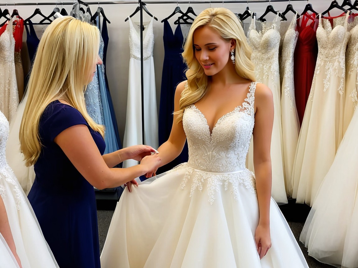 Blonde Woman in White Wedding Dress at Bridal Shop