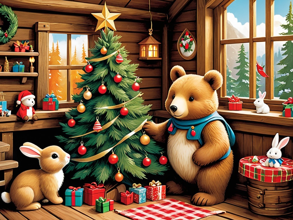 Cozy Cabin Scene with Bear, Rabbit, and Christmas Tree