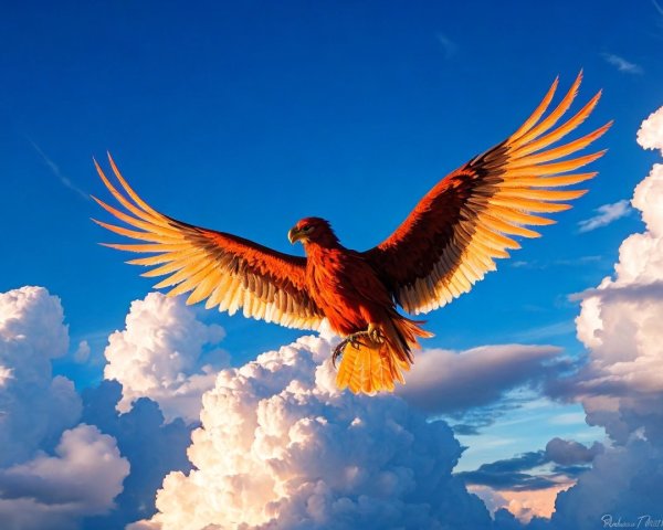 Golden eagle soaring against a blue sky with clouds