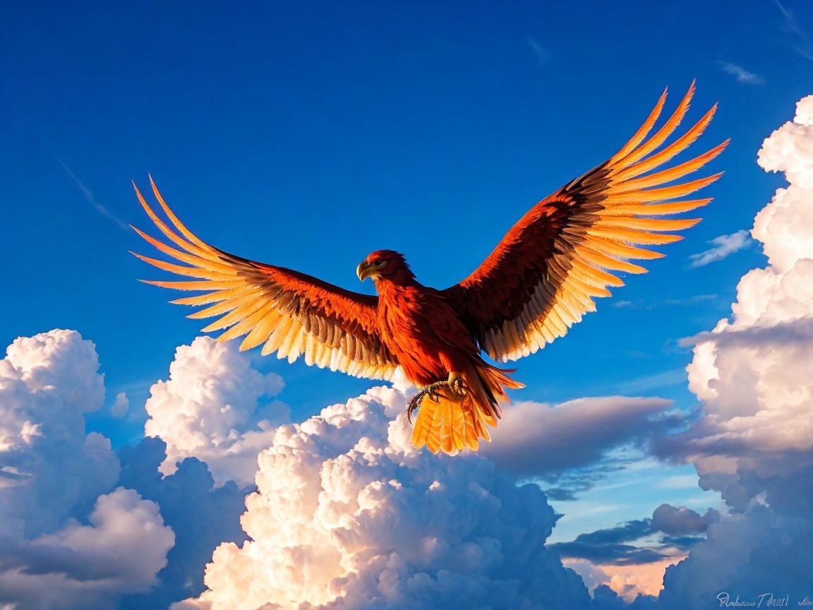 Golden eagle soaring against a blue sky with clouds