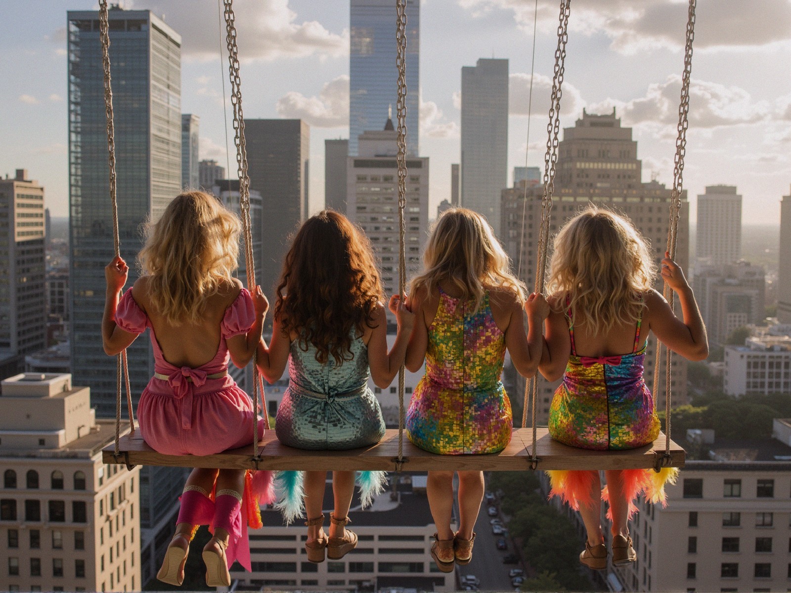 Women on Swings in Colorful Dresses Over City Skyline