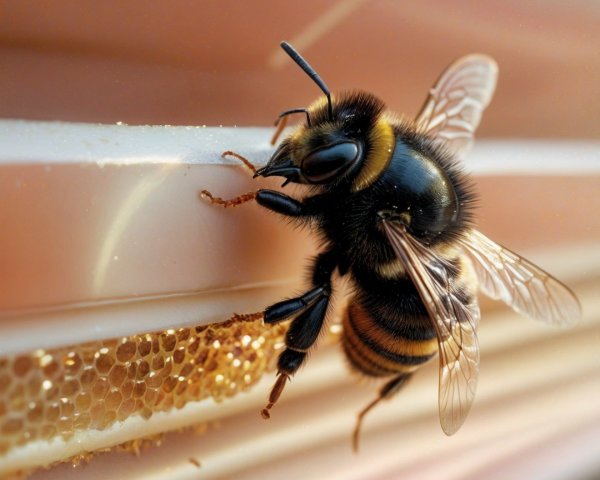 Close-Up of Bee on Honeycomb with Honey Cells