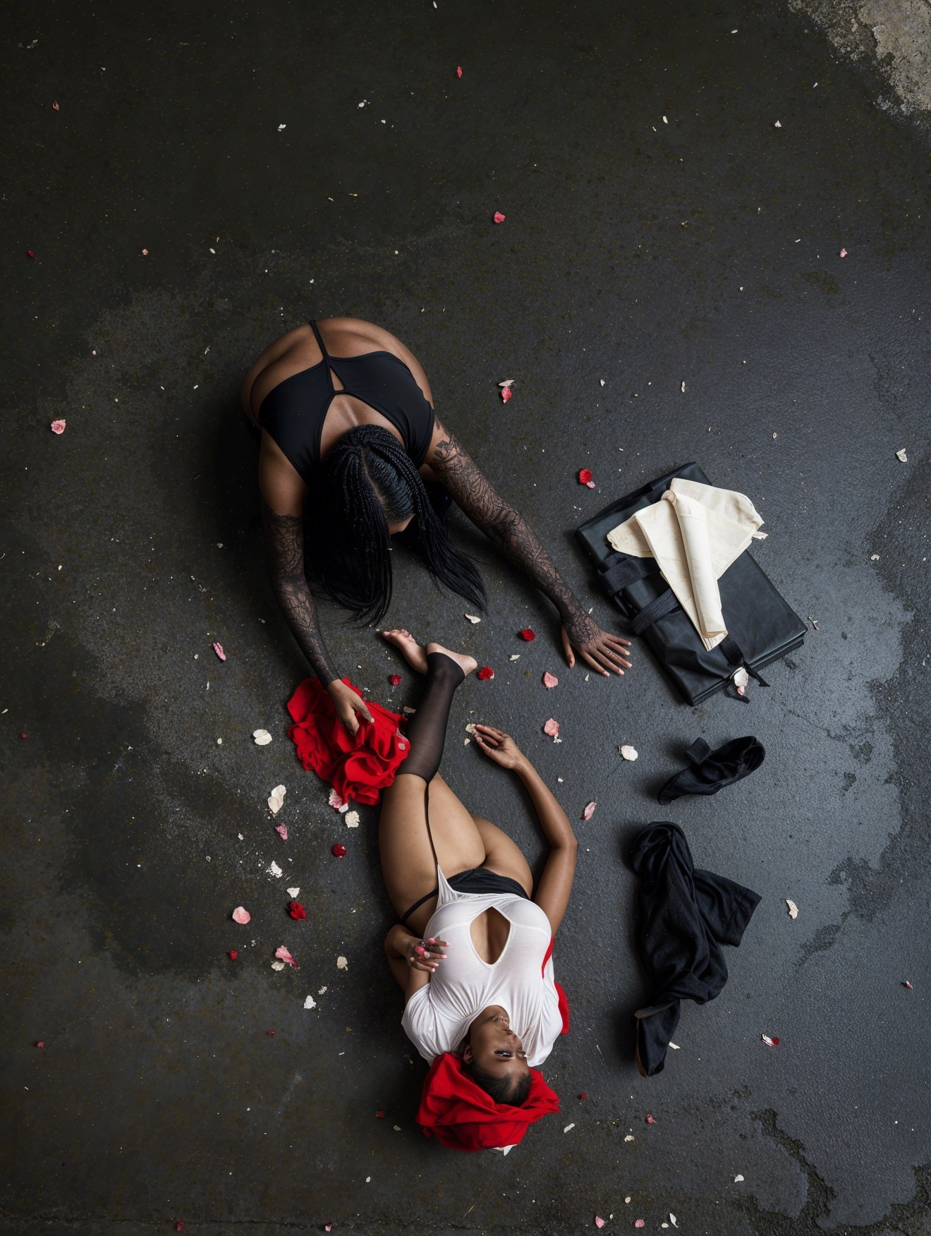 Contrasting Individuals on Dark Surface with Rose Petals