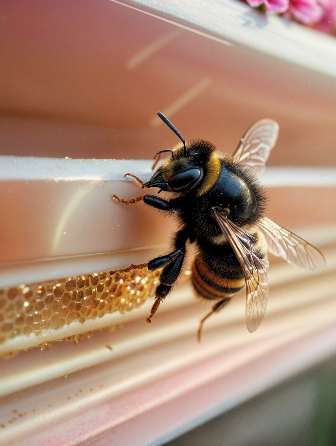 Close-Up of Bee on Honeycomb with Honey Cells