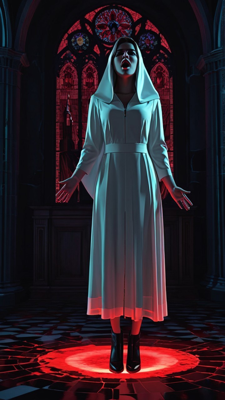 Gothic Figure in White Robe Surrounded by Stained Glass