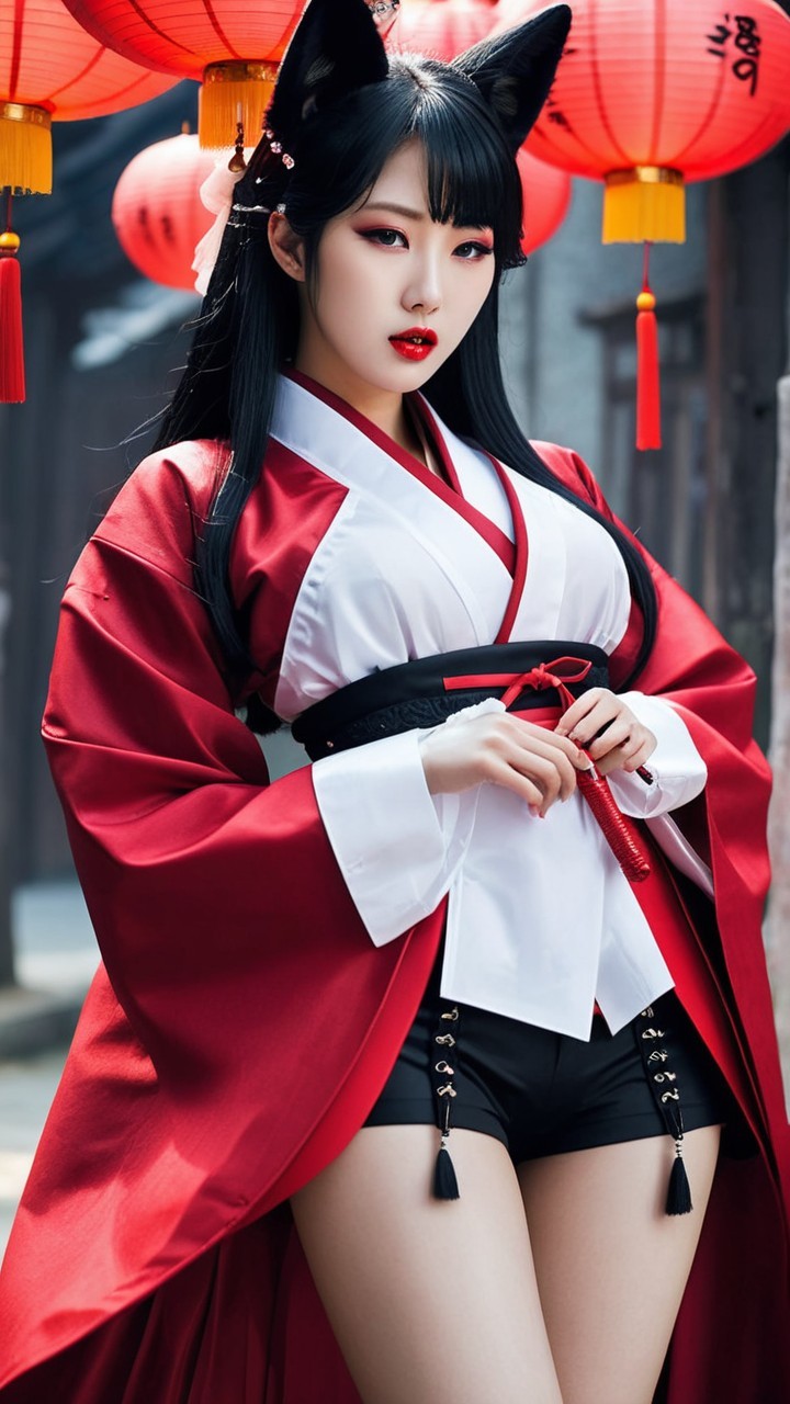 Woman in Red Kimono with Fox Ears and Lanterns