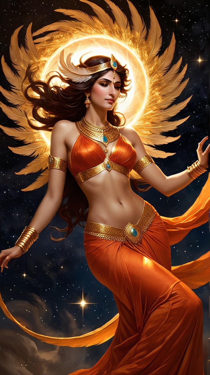 Radiant Figure in Orange Garments Against Celestial Background