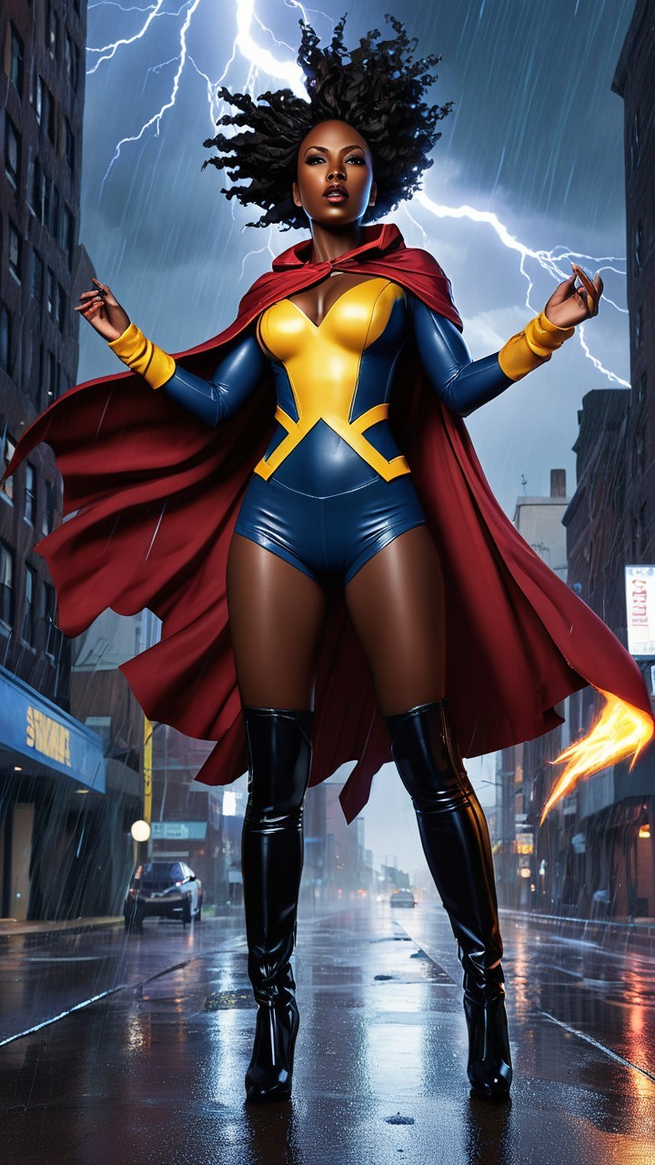 Superheroine in Blue and Gold Suit Amid Stormy Urban Scene