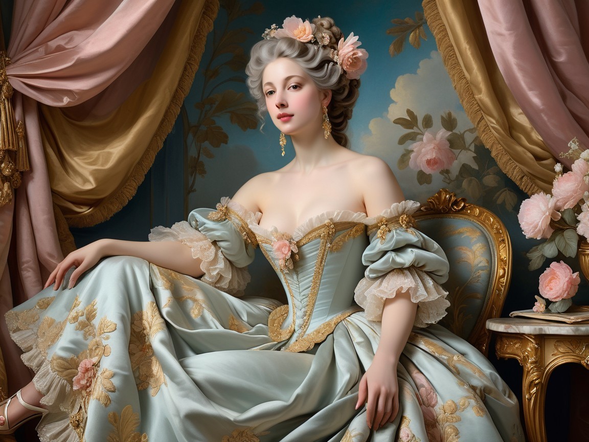 Elegant Woman in Pastel Blue Gown with Floral Motifs