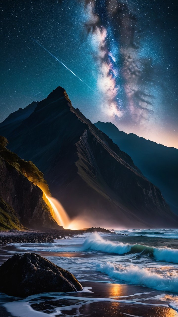 Nighttime Coastal Landscape with Stars and Waterfall