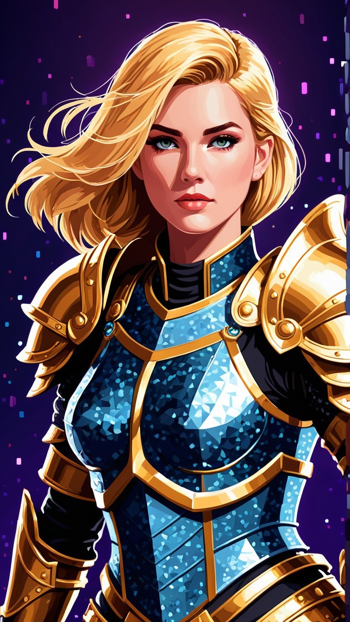 Female warrior in blue and gold armor with cosmic backdrop