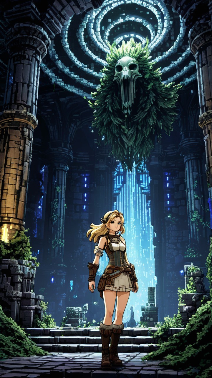 Ancient Temple with Glowing Skull and Blue Light