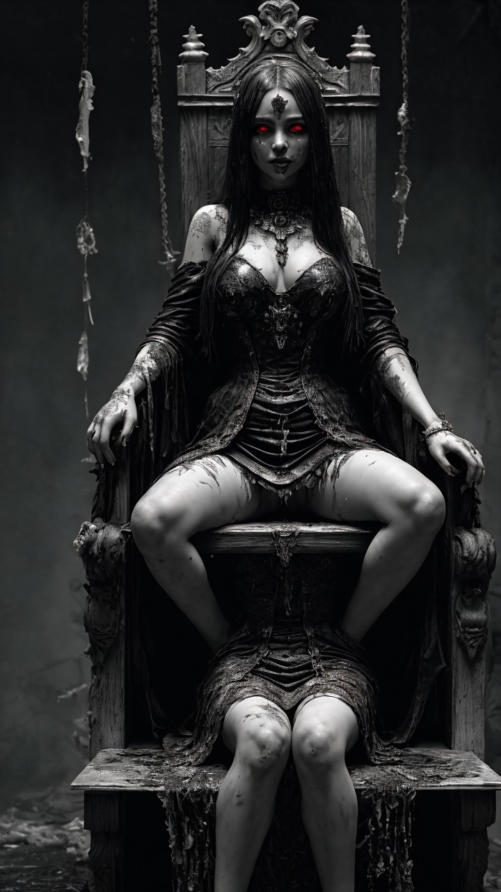 Gothic Woman on Throne in Dark Atmospheric Scene