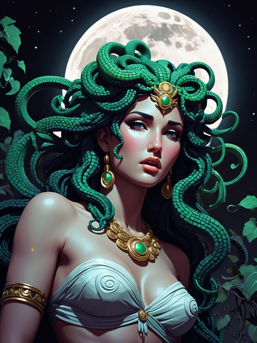 Mythical figure with serpentine hair and moonlit backdrop
