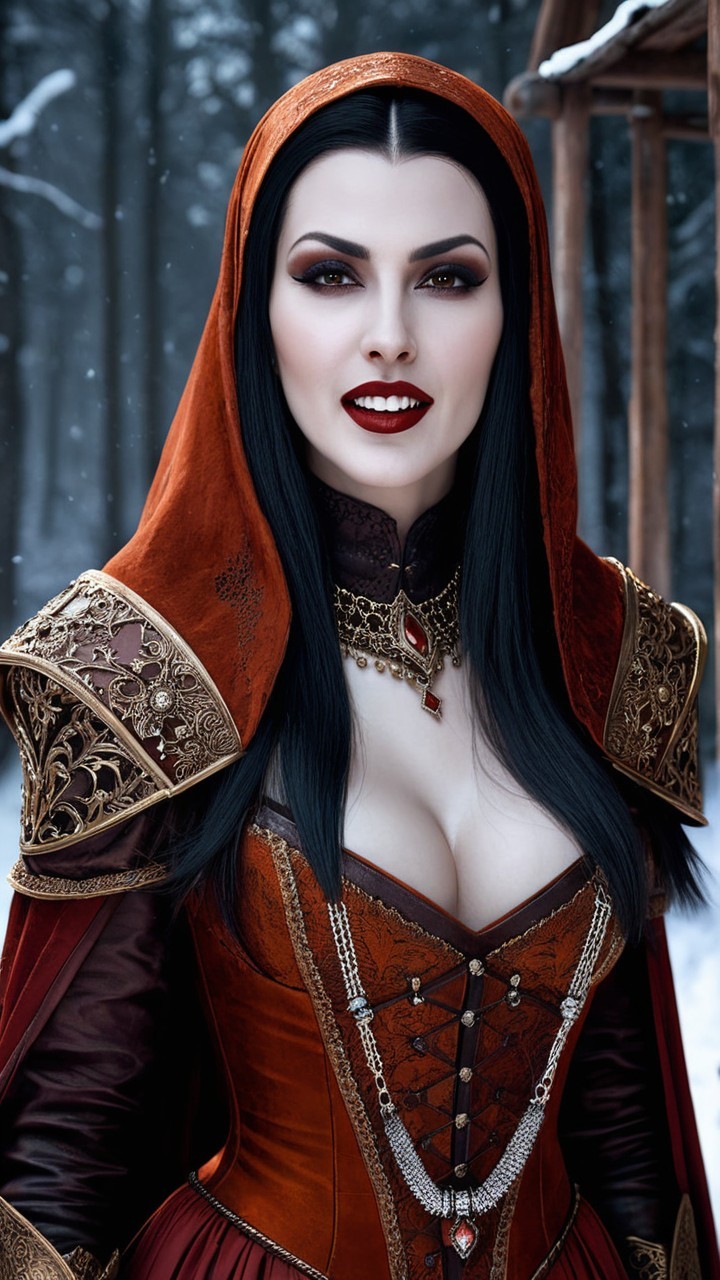 Woman in ornate red and gold gown in snowy forest