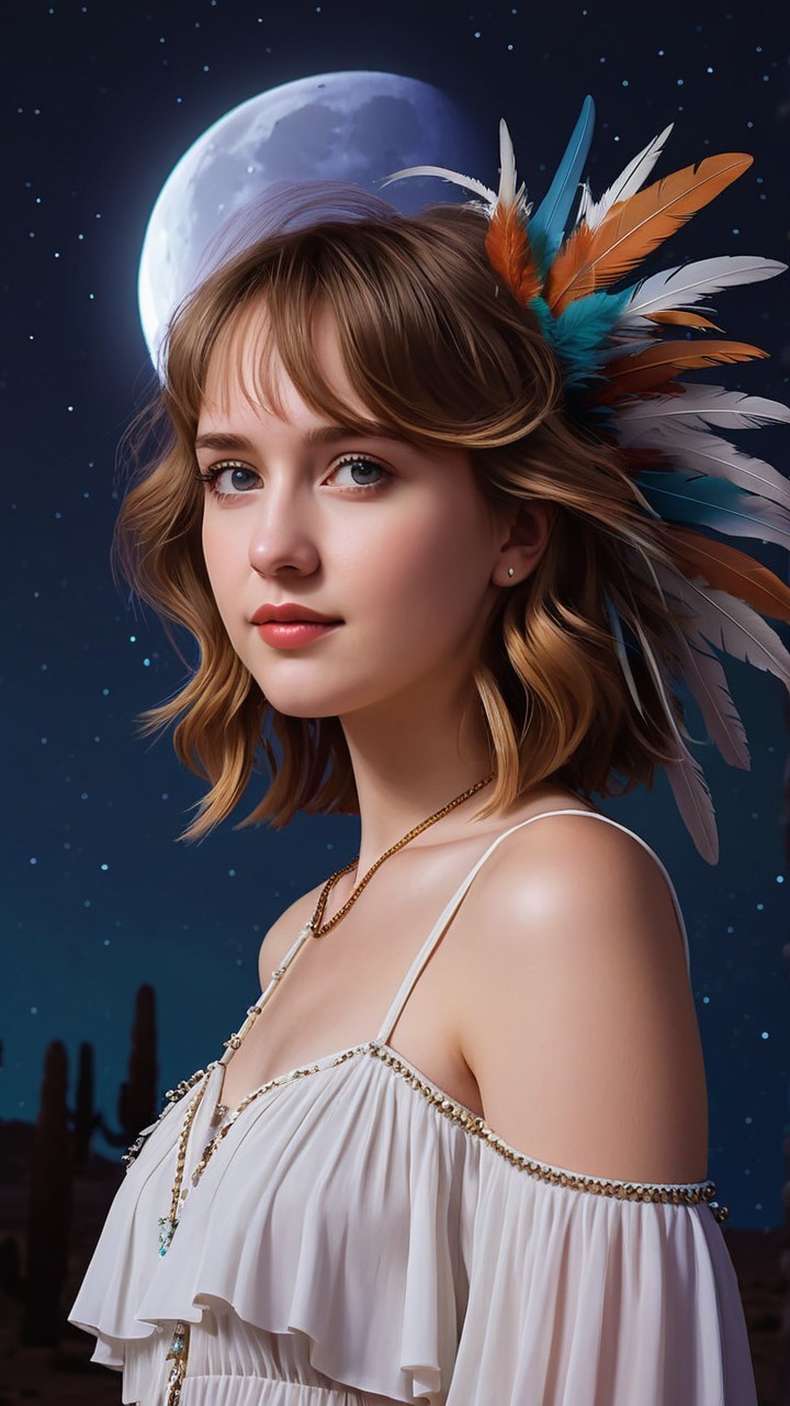 Young woman in flowing dress under starry night sky