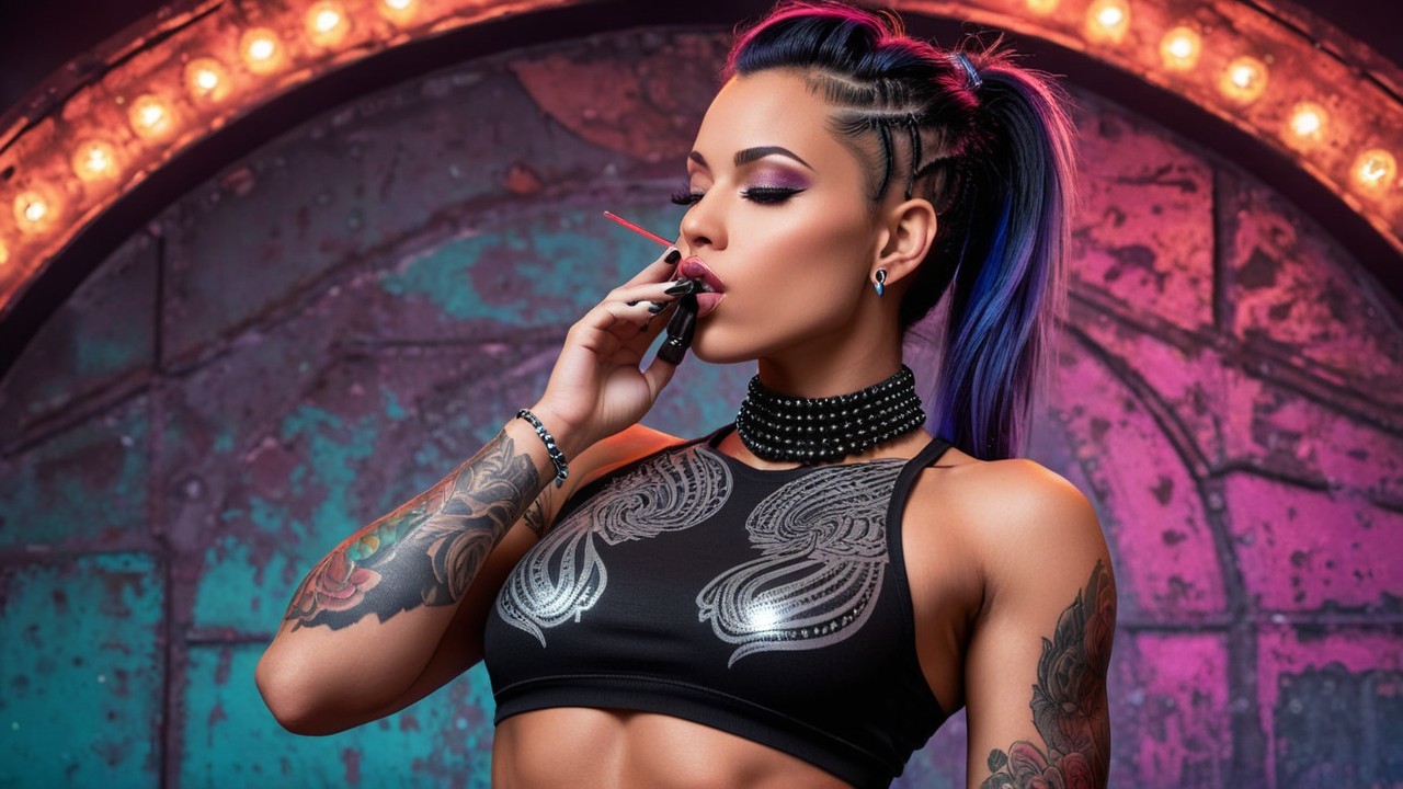 Confident Woman with Vibrant Hair and Bold Style