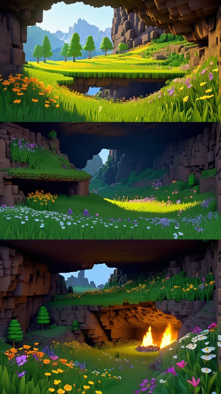 Geometric Landscape with Cave Scenes and Campfire