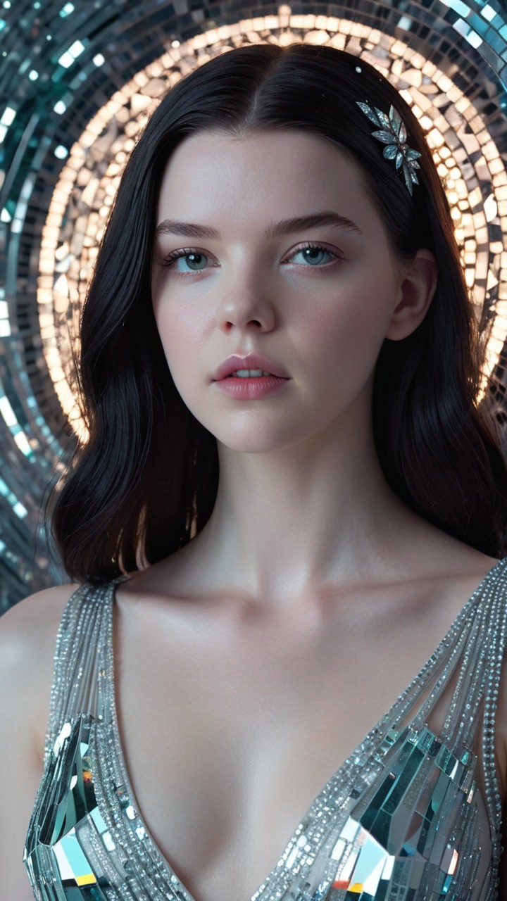 Young woman in silver top with sparkling mirror backdrop