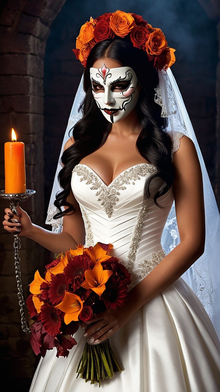 Elegant Bride in Dramatic Setting with Flowers and Candle