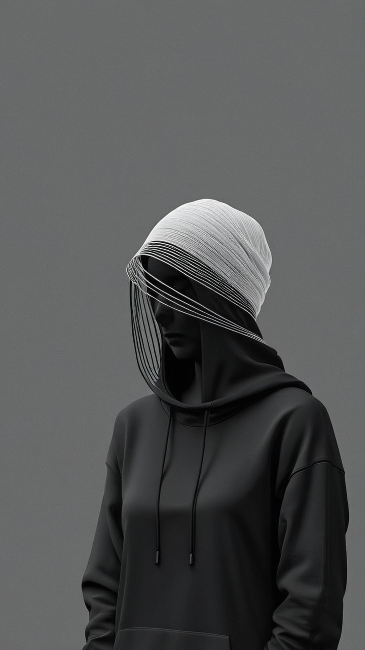 Minimalist Figure in Black Hoodie with White Details