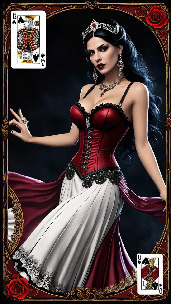Elegant woman in corset and gown with playing cards