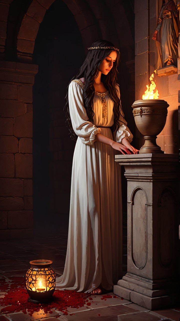 Mysterious Figure in White Gown in Stone Chamber