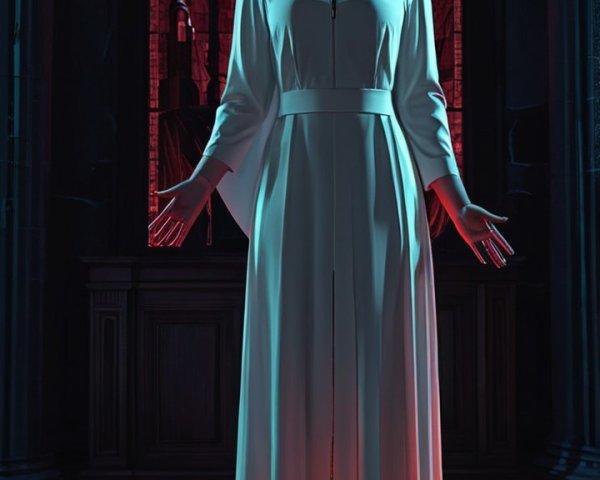 Gothic Figure in White Robe Surrounded by Stained Glass