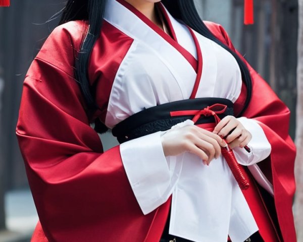 Woman in Red Kimono with Fox Ears and Lanterns